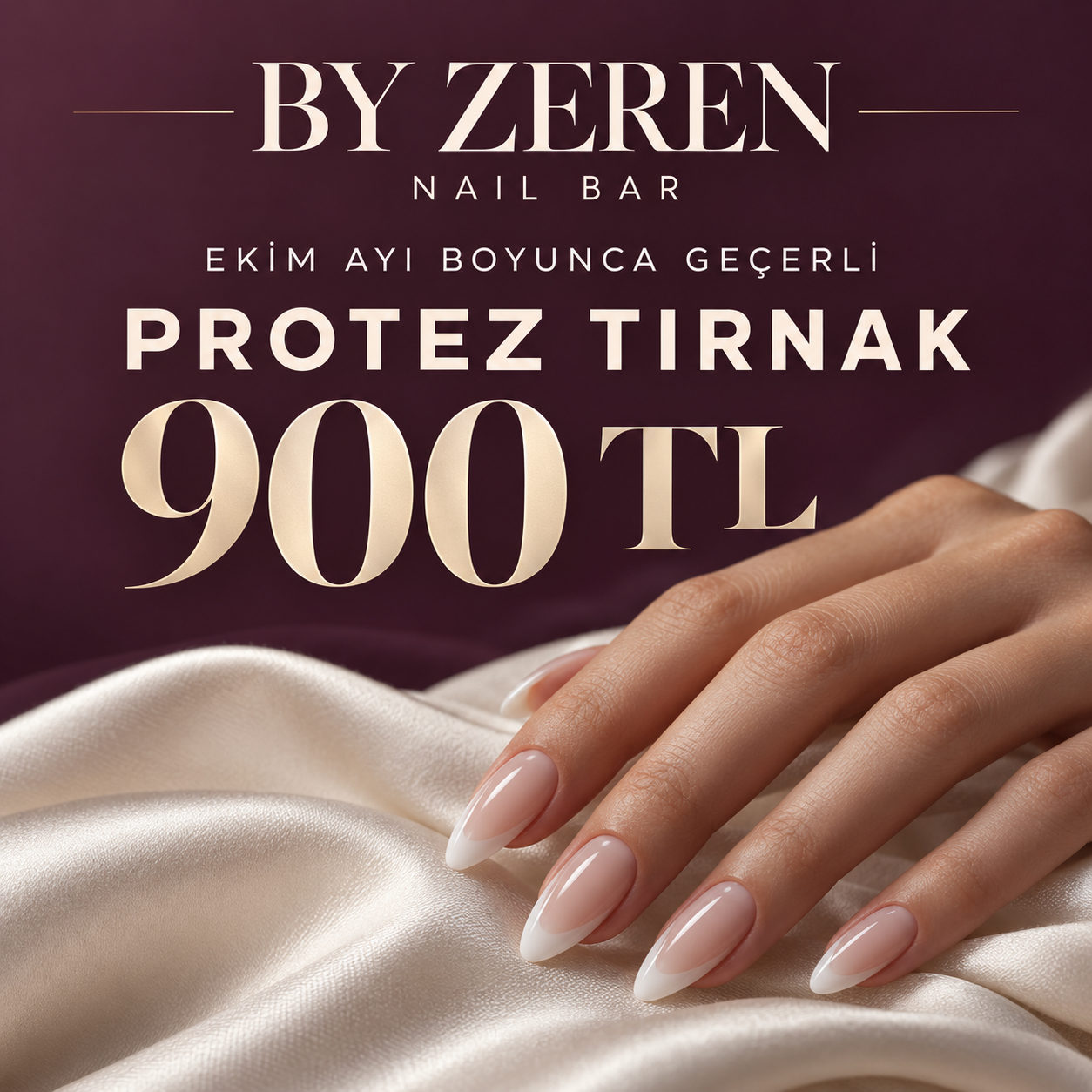 By Zeren Nail Bar. Ekim ayı boyunca geçerli: Protez tırnak 900 TL.